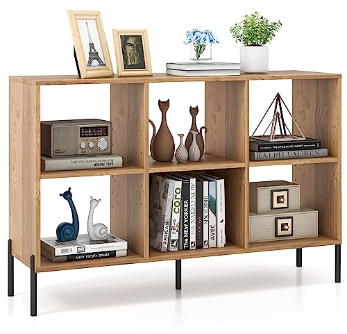 CASART 4/6-Cube Wooden Bookcase, 3 Tiers Open Bookshelf with Adjustable Shelves, Metal Legs & Anti-Topping Device, Freestanding Display Shelf for Living Room Bedroom Study (Natural, 120 x 35 x 78cm) | with Adjustable Shelves, Metal Legs & Anti-Topping Device, Freestanding Display Shelf for Living Room Bedroom Study