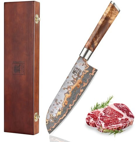 zayiko MysticMagma Santoku Damastmesser 17,5 cm Klinge aus 67 Lagen Damaststahl mit VG10 Kern mit Kupfer und Bronze Einlage mit DualCurve Ahornwurzelholzgriff Profi Küchenmesser in Holzbox