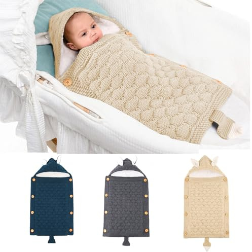 Schlafsack Baby Winter Wickeldecke Universal Strick Einschlagdecke mit Plüschfutter Babyschlafsack Extra Warm Fußsack Weich Babydecke Säuglinge Kuschelsack für Kinderwagen Buggy Kinderbett Beige
