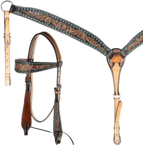 EQUIGEAR Western-Leder-Set mit handgefertigtem Kopfstück und Vorderzeug mit Zügeln. /Size-Full,Cob,Pony AO-0070 (Pony)