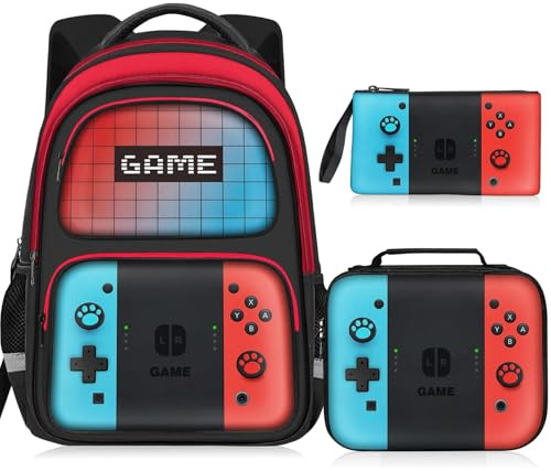 JIRAIKEI Kids Backpack for Boys,3pcs Boys Backpack with Lunch Box Set for Children Teens Elementary Middle School,Gamer Bookbag Ages 6-18,School Bookbag Travel Back Pack,17″ Large Capacity