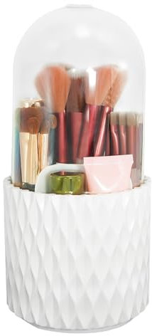 VNIMTI Kosmetik Organizer 360°Drehbar Makeup Pinselhalter mit Deckel staubdicht 5 Fächer Aufbewahrung, Schminktisch Rotierender Behälter Abdeckung für Badezimmer, Arbeitsplatte,Schlafzimmer (Weiß)