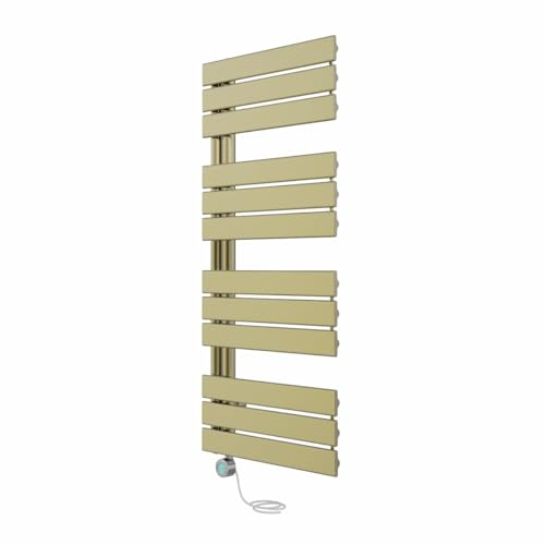 NRG Prefilled Designer Electric Heated Towel Rail Radiator Brushed Brass Thermostatic Bathroom Warmer with LCD Display 1126x500mm - 600 Watt