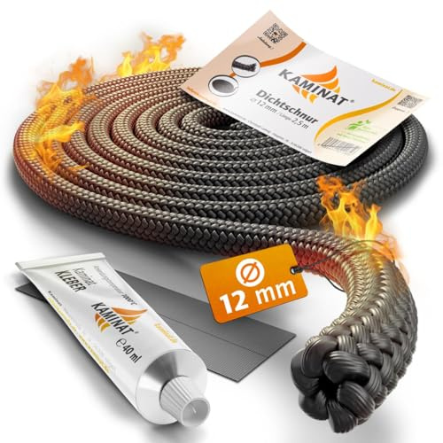KAMINAT Ofen Dichtschnur - 2,5m für Kaminofen - Feuerfestes Kamin Dichtband & Ofenrohr Dichtung - Hochwertige Dichtungsschnur inkl. Kleber - Ø 12mm Breite