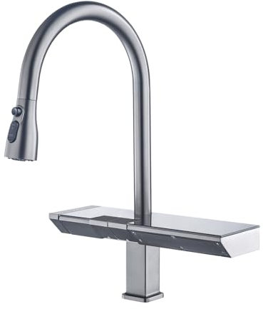 Luxus-Küchenarmatur mit Digitalanzeige, messinggrau, ausziehbares Design, Wasserfall-Wasser, Einhandgriff, Kaltwasserhahn und Wasserhahn mit 2 Bedienelementen (Color : Chrome)