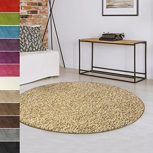 casa pura Teppich rund 140cm Durchmesser, beige weicher & Flauschiger Shaggy Hochflor Wohnteppich für Wohnzimmer, Schlafzimmer, Flur,Teppich Flur mit Anti-Rutsch Unterseite Barcelona