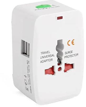 Adaptador Enchufe Universal para Viajes, Internacional, Multifunción, Todo en uno, con 2 Puertos USB. Compatible con más de 150 países, Incluyendo Europa, Australia, UK y EU.
