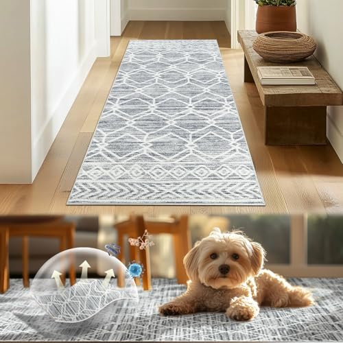 TOPICK Teppich Waschbar Boho Eingangsbereich Marokkanischer Niedrigfloriger Geometrischer Fleckenabweisend, rutschfest Ultradünner für Küche Schlafzimmer Bauernhaus Badezimmer Tür 90x150(cm) Grau