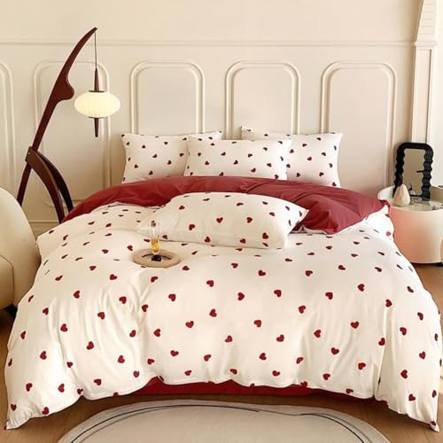Freyamy Herz Bettwäsche 135x200 Herzen Weiß Rot Herzchen Bettwäsche Set | Aesthetic Bettwäsche, 2teilig Bettwäsche-Sets, Microfaser ÖKO-TEX Bettbezug mit Reißverschluss und 1 Kissenbezug 80x80cm