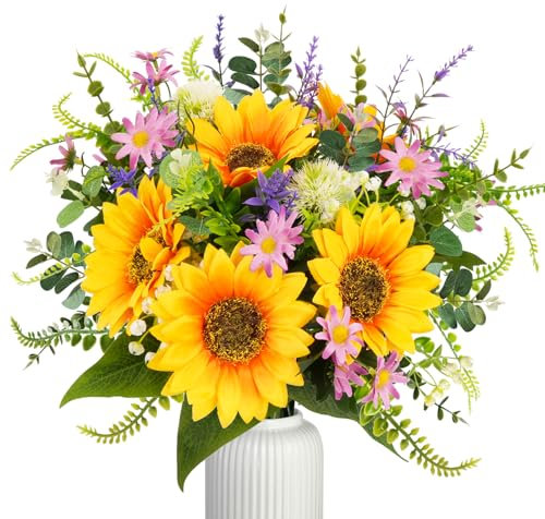 Luabue Fiori Artificiali Girasoli Margherite Rosa con Lavanda ed Eucalipto Artificiali Bouquet di Fiori Finti per Decorazioni Matrimonio Centrotavola la Casa