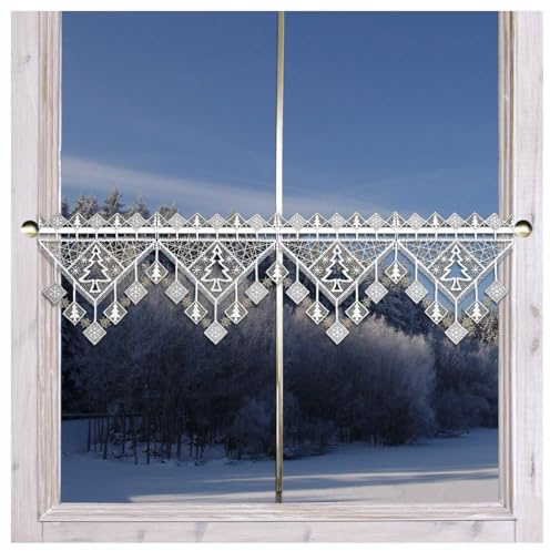 Feenhaus-Spitzengardine Winterbäumchen | Moderne Winterdeko Plauener Spitze | Mini-Scheibenhänger mit Tannenbäumen und geometrischen Mustern in weiß-Gold | Fensterdeko 20cm hoch, viele Breiten