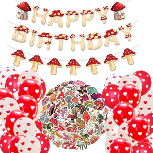 SKIRUP Woodland Mushroom Birthday Garden Party Banner With Balloon, Fairy Party Supplies and Favors