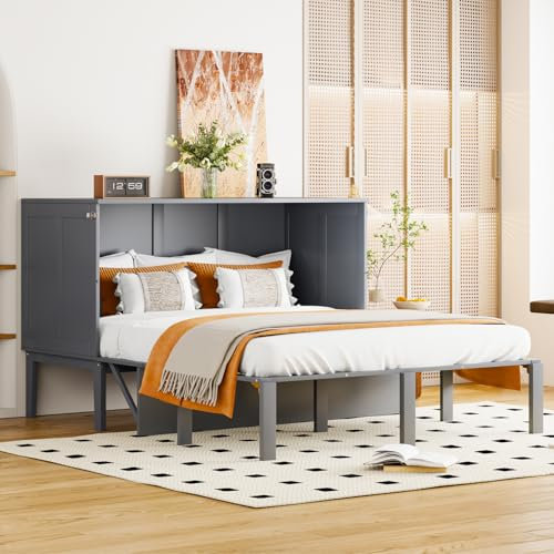 Schrankbett, 140 x 200 cm, ausklappbares Bett mit Stauraum und kleinen Regalen, Wandbett mit Lattenrost (ohne Matratze) (140 x 200 cm, Grau)