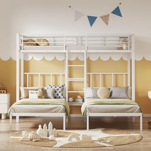 YuQozii Dreierbett, Dreifaches Etagenbett mit Leiter für Kinder und Jugendliche, Eisenbett mit Fallschutzgitter und Tisch,90x200cm*3 (Weiß)