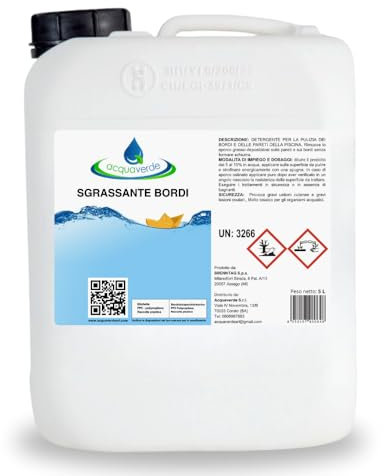 acquaverde | Sgrassante Bordi, 5 Litri di Detergente Liquido per Pulire, Sgrassare e Smacchiare Liner e Pareti della Piscina, Soluzione Alcalina contro Grasso e Sporco