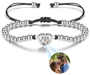 JSDDE Projektion Armband mit Foto Personalisiertes Projektions Herz Perlenarmband Fotoarmband mit eigenem Foto Personalisierte Geschenk für Damen Herren (Silber)