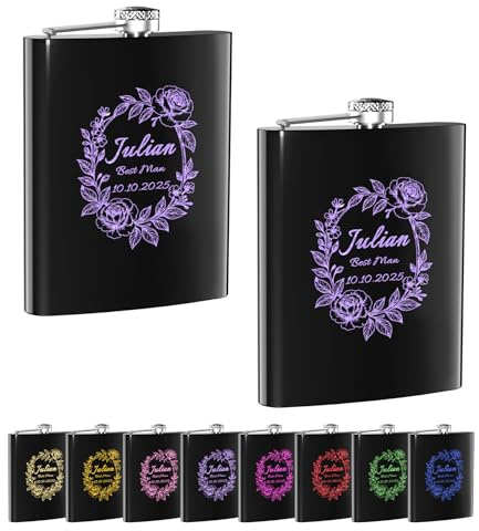 Flasque a Alcool 2 Pièces Fiole Personnalisé 8oz pour Hommes Acier Inoxydable 304 Cadeaux pour Fête des Pères Anniversaire Cadeaux de Mariage Portable Noir