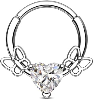 CM Crareesi Mania Schmetterling Septum Piercing Schmuck Silber 16G Helix Daith Ring 316L Edelstahl Schmuck Septum Clicker mit Herz CZ 8mm/10mm