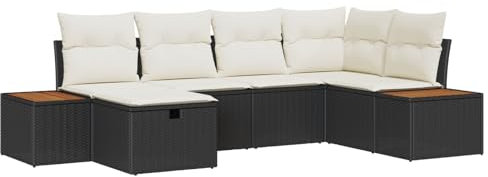 vidaXL Trädgårdsoffset med kudde 6 pcs Svart konstrotting, Modern, slitstark, mångsidig loungegrupp, rattan-soffa, UV-resistent, utemöbler med akaciaträ, bekväm trädgårdsmiljö