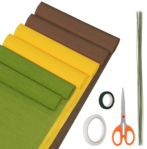 Glarks 6pcs 3 Colors Wide Crepe Papers Rolls Kit for DIY Flower Making, Include 6 Rolls 9.84in x 8.2ft Crepe Paper Sheets, 30pcs 15.74in Green Floral Wire, 2 Rolls Tapes, 1pc Scissors