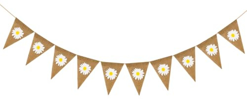 jijAcraft Jute Wimpelkette mit Gänseblümchen: Girlande Boho Deko zum Gartenparty, 3 m Rustikal Blumen Wimpelgirlande für Geburtstag, Frühlingsdeko Sommerdeko