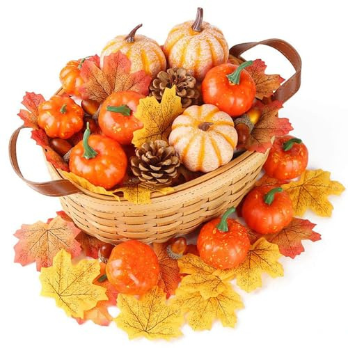 50 Pcs Artificial Pumpkins Autumn Decorations Set, Autumn Home Decor Artificial Fall Maple Leaves, Pine Cones, Pumpkin, Small Acorns for Thanksgiving Halloween Fall Home Harvest Decoration (No Basket)