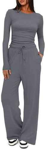 Yutdeng Tuta Donna 2 Pezzi Maniche Lunghe con Girocollo e Pantaloni Larghi a Gamba Larga con Tasche e Coulisse Casual Elegante Completi Tuta Sportiva per la Casa, da Jogging,Grigio Scuro,S