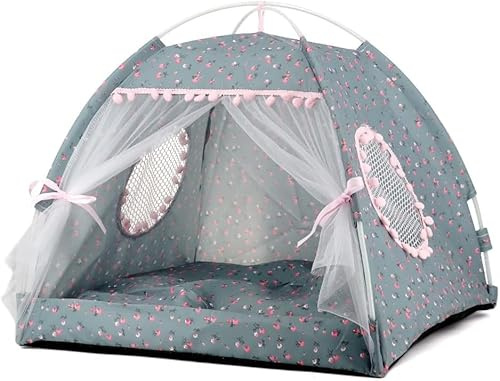 Princess Cat Cave, Cute Teepee Tent for Indoor Cats & Small Dogs, Adorable Pet House Bed with Soft Removable Pillow (L, Grey)
