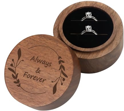 Malihome Klappbox aus Holz für 2 Ringe zur Hochzeit, rustikale Aufbewahrungsbox für Schmuck im Vintage-Stil aus massivem Walnussholz mit Gravur und Ringhalter (Rund, No Customized)