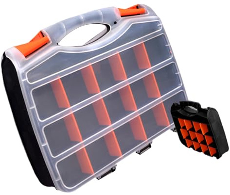Caja organizadora de piezas pequeñas con separadores extraíbles, caja de almacenamiento con mango portátil para tuercas, tornillos, clavos, compartimento de herramientas multiusos, mango portátil