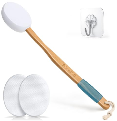 MOPUBZO Applicateur Crème Dos 45cm Manche Long avec 2 Têtes Interchangeables – Brosse Dos Douche & Massage Exfoliant | Facile à Nettoyer | Lotion, Crème Corps, Huile & Gel Douche