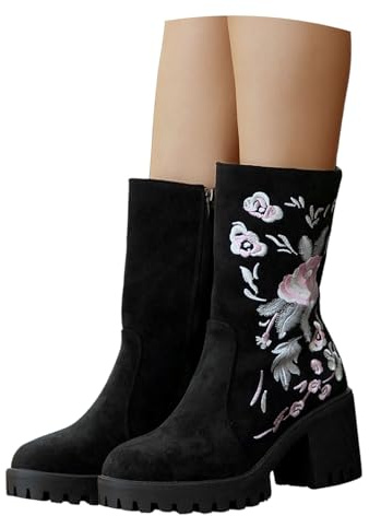 LDXEQIZ Women's Short Boots With Block Heel Vintage Suede Ankle Boots With Floral Embroidery Platform Booties With Zipper Autumn Winter Elegant High Heels(Black,6 UK)