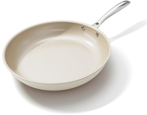 OUBRL Ceramic Nonstick Frying Pans Set, Fry Pan Skillet, Non Toxic Pans for Cooking, Egg Pans，Induction Suitable，PFAS-Free Cookware, Dishwasher Safe, Oven Safe (Cream/White, 28CM)
