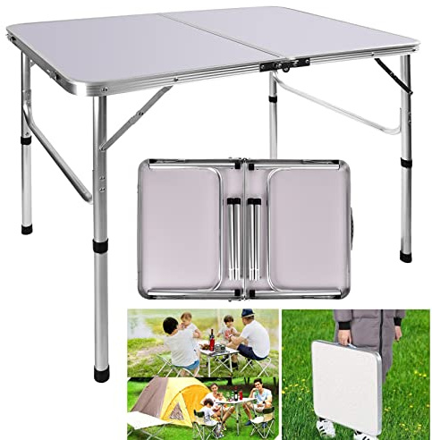 Table Pique-Nique Pliante 90x60cm, Petite Table Valise de Camping Pliante 2 Hauteur Ajustable 37/67cm, Structure Aluminium + Plateau MDF pour Repas Intérieur Extérieur Jardin BBQ et Plage