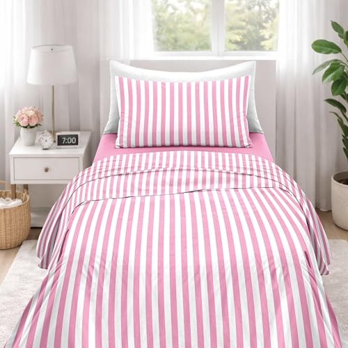 Ruggeri - Completo Letto - 100% Morbida Microfibra di Alta Qualità | 1 Federa 50x80cm + 1 Lenzuolo con Angoli 90x200cm + 1 Lenzuolo Sopra 160x290cm - Collezione Beat (Righe Rosa, Singolo)