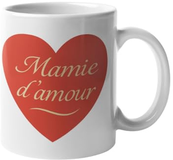 Mug Mamie d’Amour – Cadeau Original pour Super Grand-mère – Tasse Mamie avec Cœur Rouge – Idée Cadeau Anniversaire, Fête des Grands-Mères, Noël – Mug Céramique 330 ml