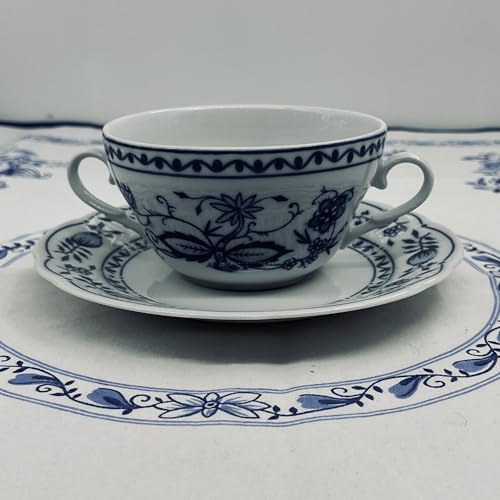 Generisch Blaues Zwiebelmuster Logo, Porzellan Suppenschale Suppenschüssel Suppentasse mit Henkel, mit Unterteller Made in Kahla, spülmaschinenfest