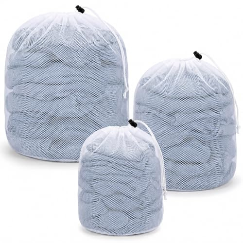 3Pcs Net Laundry Mesh Wash Bags, 3 Sizes Heavy Duty Mesh Laundry Bag with Drawstring for Washing Machine, Delicates, Bra, Socks, Baby Clothes Delicates Clothes Bags for College, Dorm, Travel, Hotel