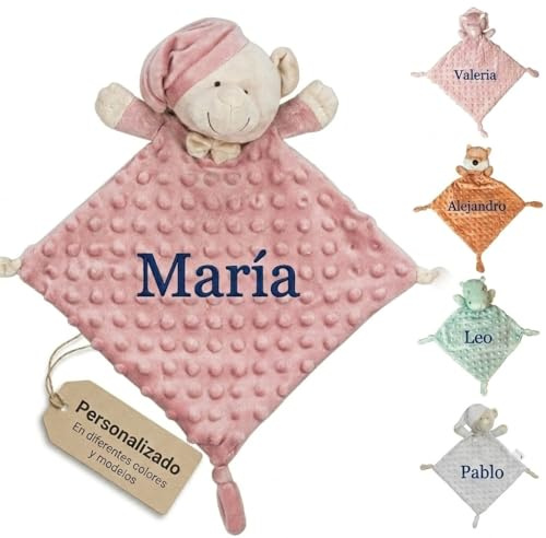 mibebestore Dudu Bebé Recién Nacido Personalizado con Nombre Bordado – Dou Dou Suave y Manta Sensorial – Regalo Bebé Original Unisex para Niño o Niña – Apego y Cuna (Osito Rosa Maquillaje)