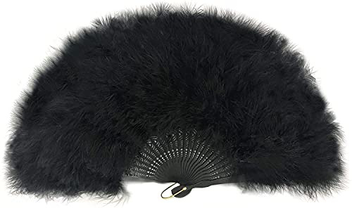 FANSOFFANS Marabou Feather Hand Fan 45cm, Fancy Dress Wedding Party Favour Gift Outdoor Vintage Dance Photoshoot (Black Fan, Black Ribs)