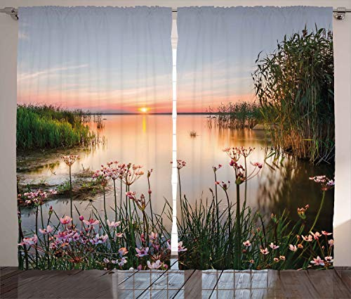 ABAKUHAUS Natur Rustikaler Vorhang, Sonnenuntergang am See Chudskoy, Wohnzimmer Universalband Gardinen mit Schlaufen und Haken, 280 x 245 cm, Hellrosa