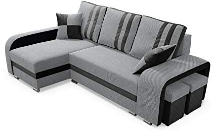 Robin York Ecksofa mit Schlaffunktion, 2 Bettkästen, 2 kleine Kissen, 2 Hocker, L-förmiges Sofa, Schlafsofa, linke Ecke, Wohnzimmermöbel, Schwarz/Grau