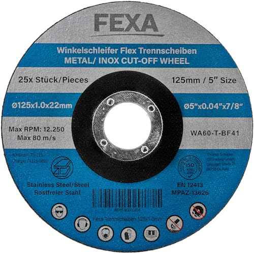 Fexa Trennscheibe 125 - Schleifscheiben für Metall, Stahl, Edelstahl, Inox 125mm x 1mm, 25 Stück - Flexscheiben 125 dünn