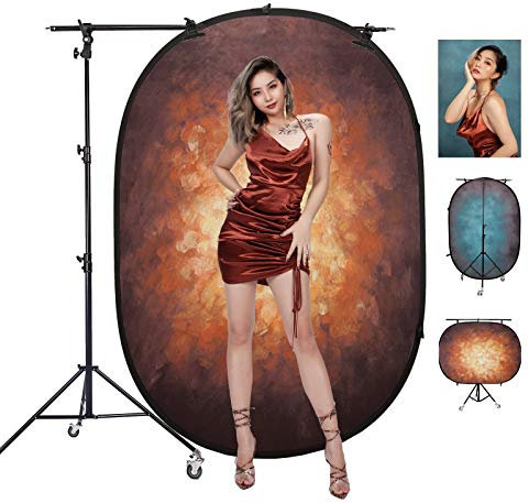 Double Sided Video Backdrop Kit, Pop Out Collapsible Background with Light Stand Boom Arm, Perfect for YouTube Video Vlog Filming, Gold/Dark Cyan