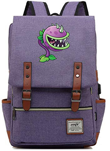 WANHONGYUE Plants vs. Zombies Spiel Schulrucksack Schulranzen Studententasche Vintage Backpack 15,6 Zoll Laptop Rucksack mit USB-Ladeanschluss Purple / 1