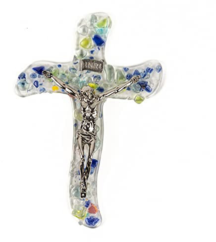 Sospiri Venezia Crocifisso in Vetro di Murano Decorato Croce Religiosa da Parete Oggetti Venezia Idea Regalo Made in Italy (cm 11x16)