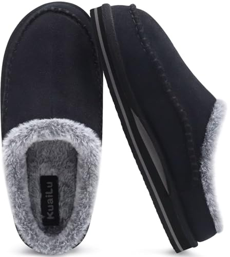 KuaiLu Zapatillas de soporte de arco para hombre Cómodo Interior Puntadas Hecho a mano MicrogamuzaZapatos de casa Ponerse Cálido Piel sintética Caucho Exterior Negro Tamaño 42