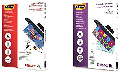 Fellowes 5440101 Laminierfolie A4 SuperQuick, 125 Mikron (2 x 125mic), 100 Stück, Längsseite versiegelt, für A3 Laminiergeräte & 5306114 Laminierfolien A4 ImageLast, 80 Mikron (2 x 80 mic), 100 Stück