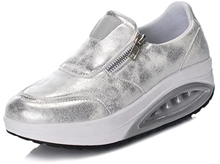 ERLINGO Zapatillas de deporte de plataforma para mujer, con cojín de aire, transpirables, para caminar, con cuña ligera, zapatillas de deporte, cómodas, Silver, 36.5 EU