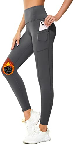 Flatik sportleggings dam fleece dam vinter termo leggings dam löparbyxor termobyxor vinterbyxor, fodrade med fleece och fickor, GRÅ, M